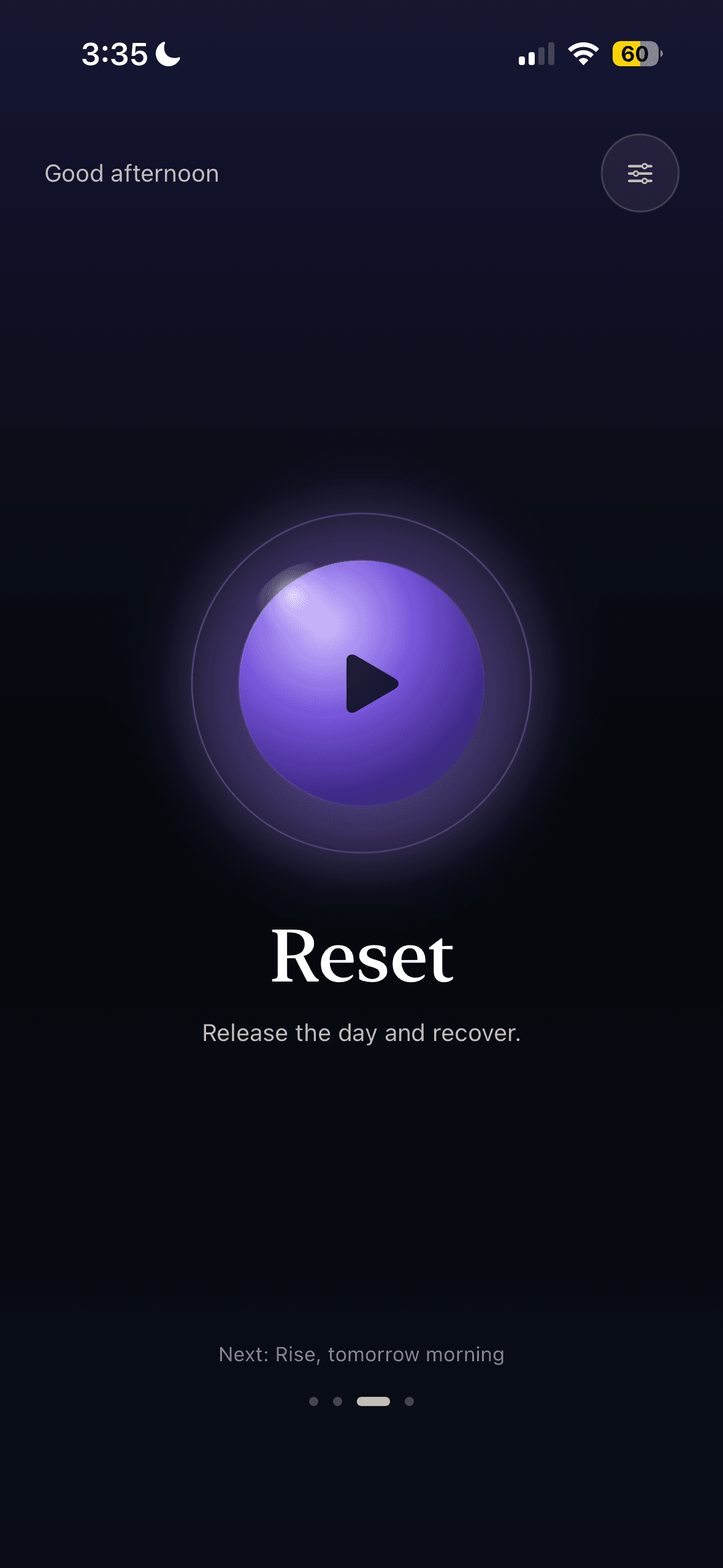 the field app showing the reset track with a purple play orb.