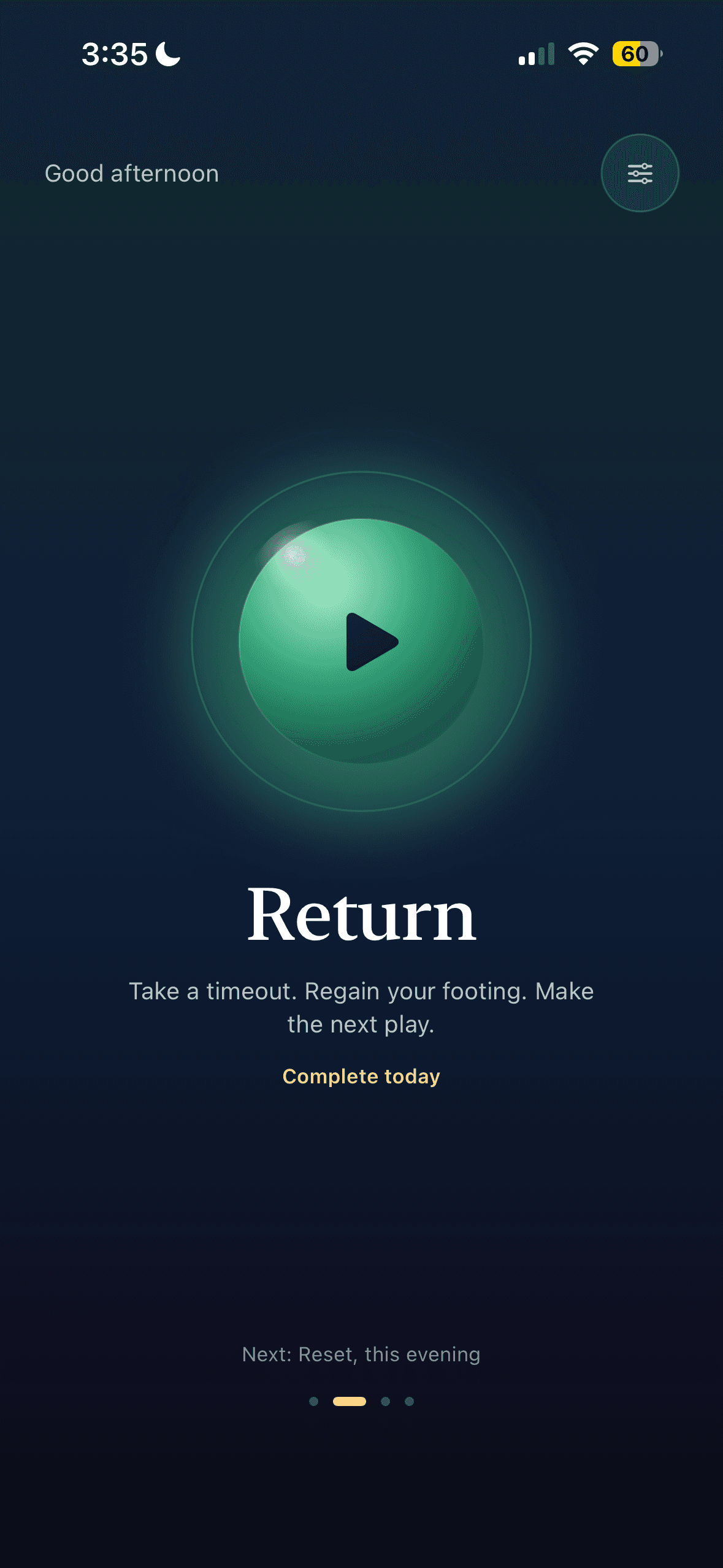 Field app — the Return midday track with a green play orb
