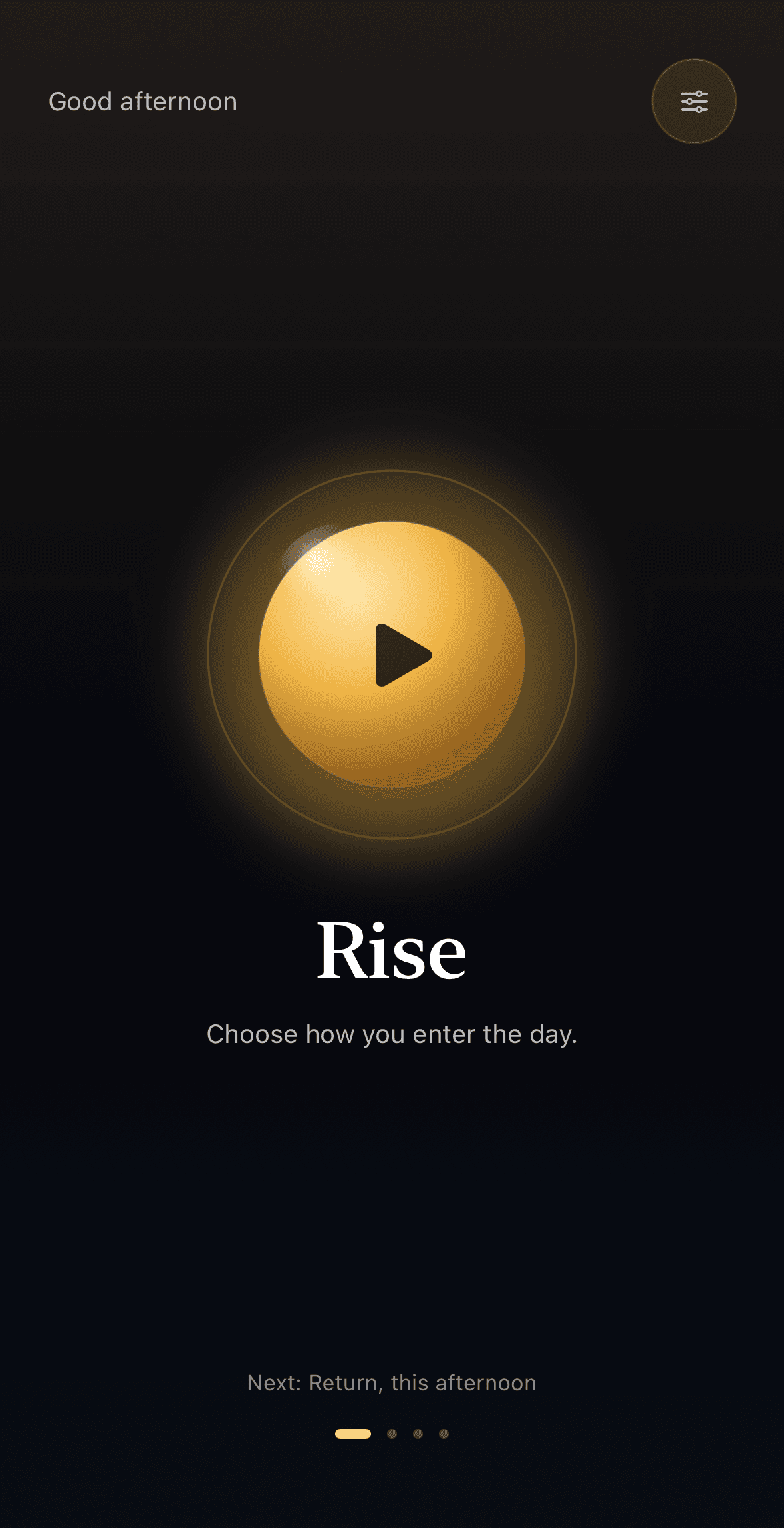 the field app on iphone, on the rise track: a glowing gold play orb above the word rise and the line 'choose how you enter the day.'